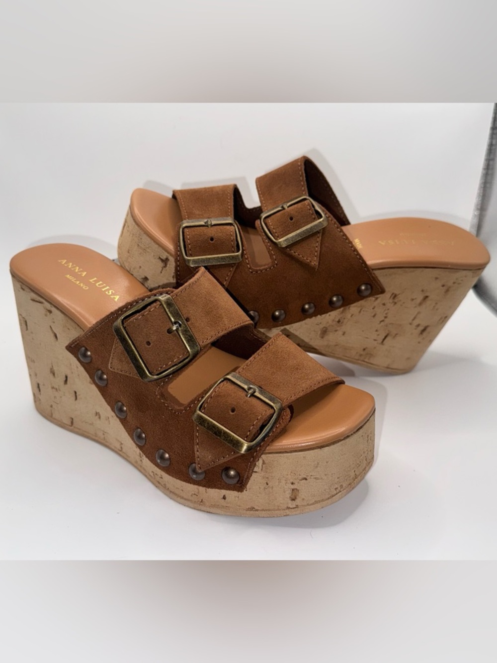 NEW Anna Luisa Amalfi Brown Suede Cork Wedge Sandals Size 7 Made in Italy